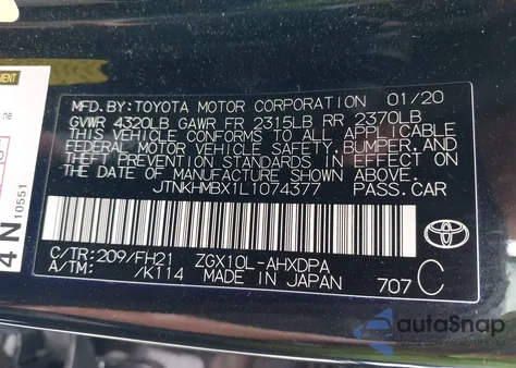 2020 Toyota C-Hr Le z USA, uszkodzony, nr VIN JTNKHMBX1L1074377